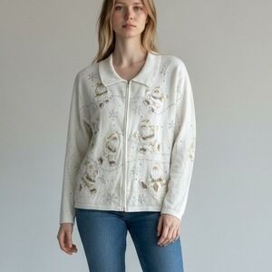 Vintage Rainbow Bridge Christmas Cardigan Zip‎ Up Skating Santas Beaded Sz XL